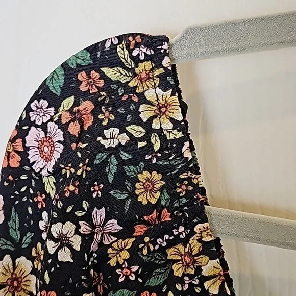 Elodie Floral Black Yellow Pink Elasticized Off Shoulder Rucshed Side Tie Top S - Picture 12 of 13